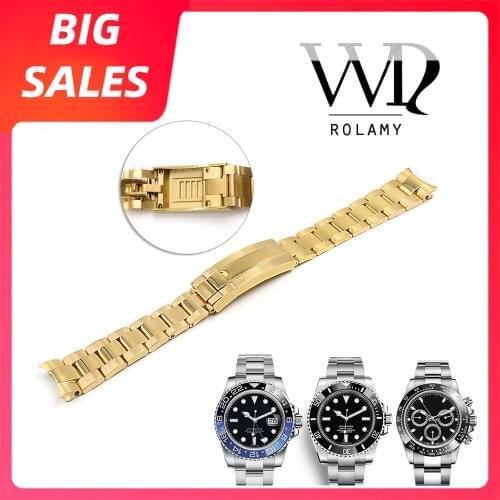 Rolamy 20mm Gold Silver Solid Curved End Screw Links Glide Lock Clasp Steel Watch Band For Rolex OYSTER Daytona GMT Submariner