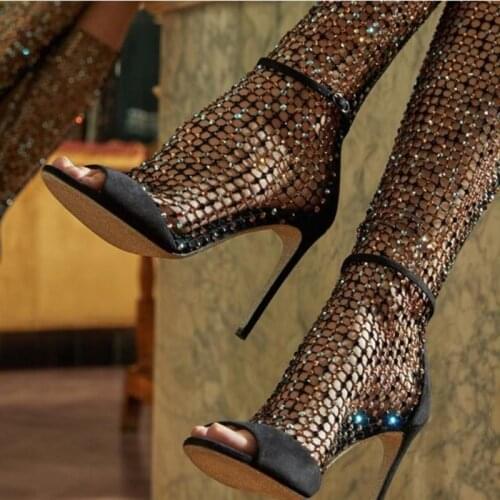 Luxury Black Net Mesh Over The Knee Boots Peep Toe Bling Bling Crystal Embellished Tight High Boot Cut-out Party Dress Shoes