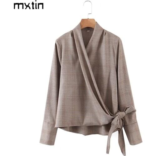 MXTIN 2021 Women Spring Plaid Shirt Blouses Fashion Autumn Long Sleeve Loose Shirts Bow Tie Female Offic Ladies Blouses Tops