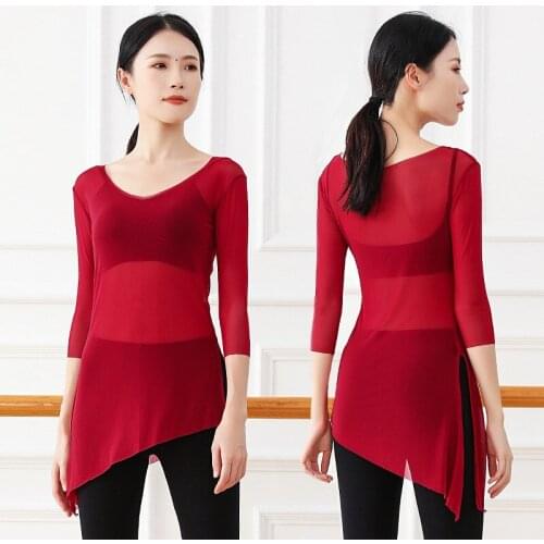 Sexy V Neck Mesh Shirt Dancer Practice Wear Half Sleeve Classical Dance Dress Split Side See Through Dancing Blouse Adults