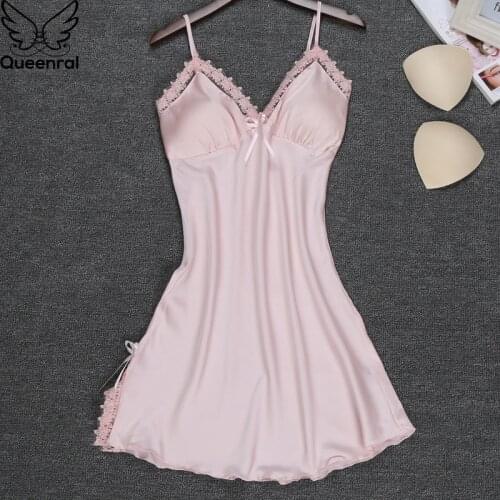 Queenral Sexy Lace Nightgowns For Women Summer Sleepwear Silk Satin Night Dress Lingerie Home Wear Nightie Nightwear With Pad