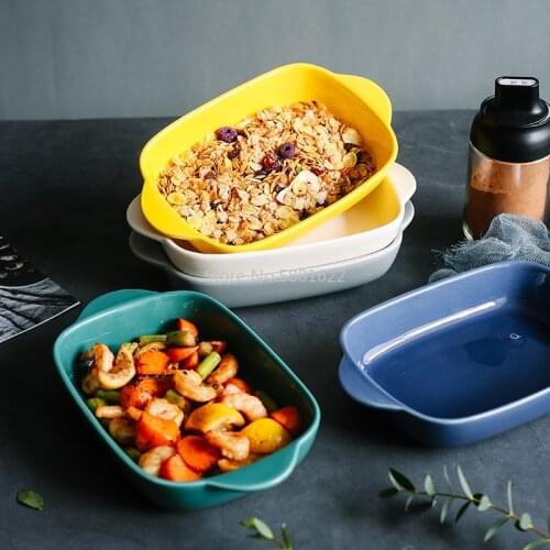 North European Two Handle Baking Tray Oven Plate Family Ceramic Plate Nordic Ceramic Plate Large Cheese Salad Meal Plate Deep