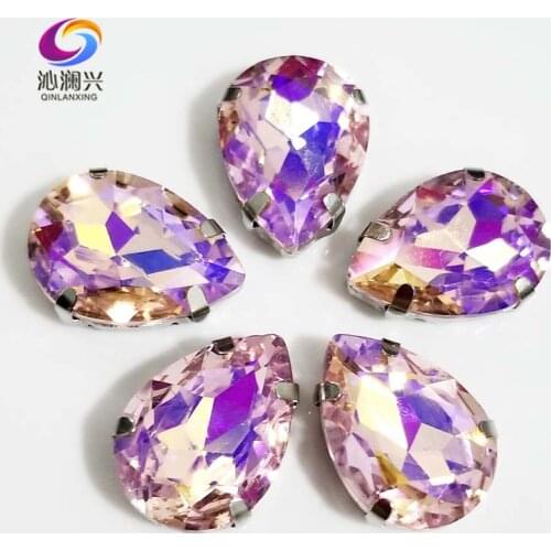 Super beauty Pink AB color drop shape Glass Crystal sew on claw rhinestones with holes,Diy Clothing accessories SWS29