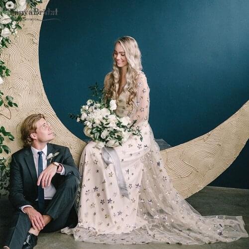 Sparkly Star Sequines Wedding Dresses Light Champagne Long sleeve Bohemian Bridal Gowns Chic Unique Vestido De Noivas DW166