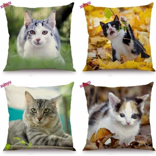 XUNYU Cat Cushion Cover Animal Pillow Case Linen Pillowcase Decorative Throw Pillow Cover for Home Sofa Couch 45x45cm BT019
