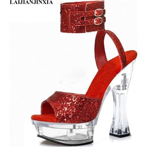 Flash Powder Bling Crystal Spool Heels Women Sandals 14 Cm Super High Heeled Shoes Party Models Party Dress Sexy Fetish Shoes