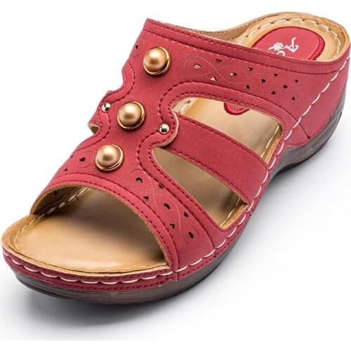 Retro Woman Sandals Golden Rivet Mules High Quality PU Leather Wedges Red Openwork Casual Beach Slippers Comfortable Home Shoes