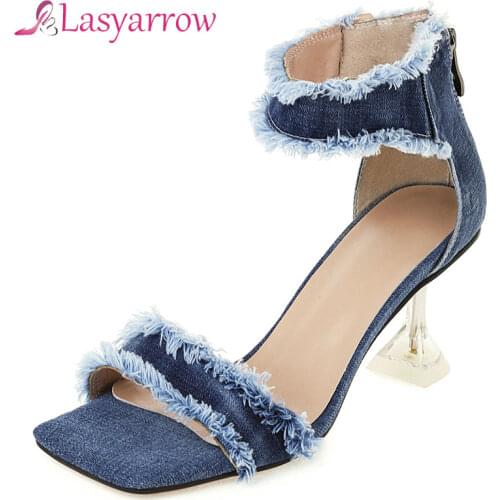 Lasyarrow 2021 Summer Denim Jeans Sexy Open Toe Platform Block High Heels Shoes Womans Zipper Gladiators Blue Sandals Women