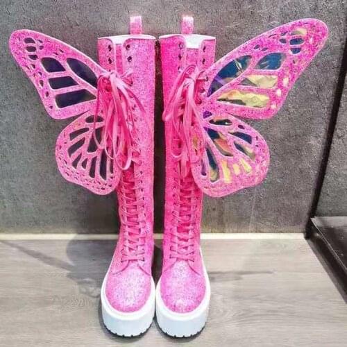 Girls Big Butterfly Wings Decor Pink Bling Bling Knee Boots Thick Platform Sole Lace Up Martin Boots Female Sequins High Boots