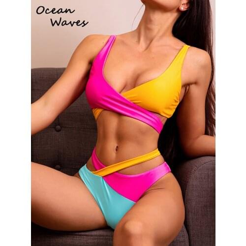 Womens Swimsuit Bathing Suits Color Matching Bandage Bikini High Waist Beach Wear Swimwear 2021 Push Up Brazilian Bikinis Set