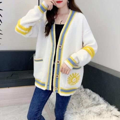 Sweater jacket women loose Korean style autumn and winter clothing 2021 new long-sleeved v-neck color-block knitted cardigan