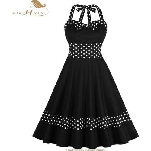 SISHION Women Ladies Pin Up Dress 2021 New VD1066 Elegant Cotton Black Polka Dots Bow Swing Retro Sexy Backless Vintage Dress