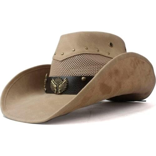 100% Leather Men Women Mesh Western Cowboy Hat Wide Brim Hat Outdoor Sombrero Hombre Cowgirl Hat Punk Belt