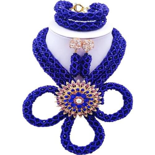 ACZUV Royal Blue African Jewelry Set Nigerian Beads Wedding Jewelry Sets BZHX-003