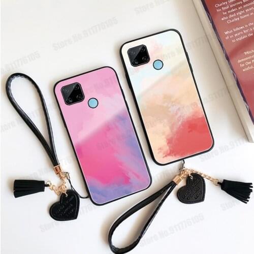 Gradient Watercolor Tempered Glass Case For OPPO Realme GT 8 7 X50 X70 Pro C21 C20 V15 Narzo 30A 20A Wristband Shockproof Cover