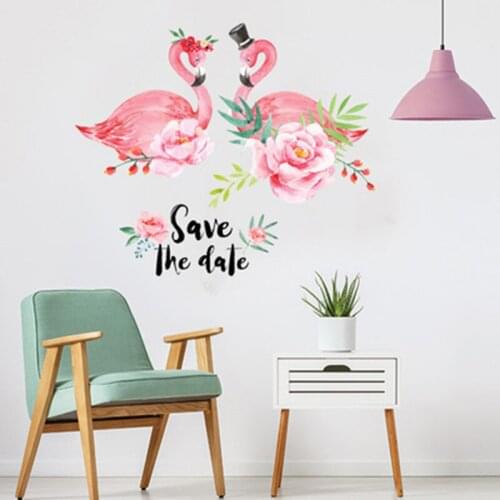 European Leaves Pink Flowers Flamingo Wall Stickers Home Decor Wall Decals Living Room Bedroom Romantic Wallpaper Poster Art