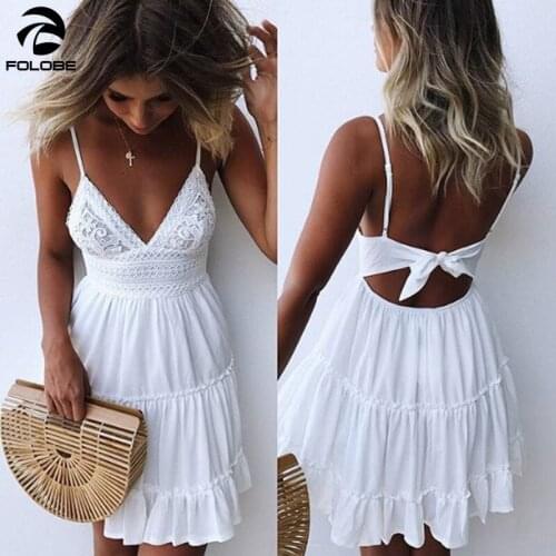 FOLOBE 2020 Summer Dress Sexy Solid Color Deep V-Neck Sleeveless Dresses Casual Backless Bow Lace Mosaic Spaghetti Mini Female