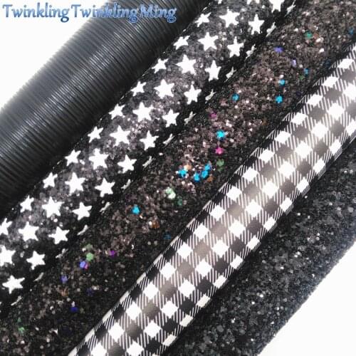 BLACK Chunky Glitter Canvas Sheet, 8"x11" Glitter Sheets, Plaids Stars Faux Leather Sheet For Hair Bow & Earring Fabric XM052