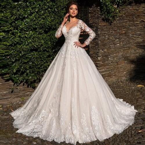Lceland Poppy Elegant A Line Lace Appliques Wedding Dresses Full Sleeves Floor Length Sheer Back Bridal Gowns Vestido de Noiva