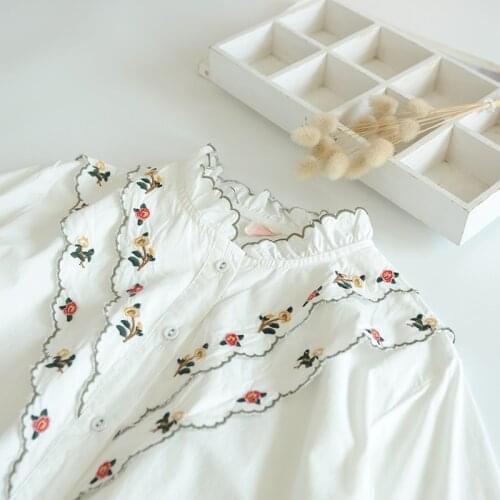 Lamtrip V Shaped Lacing Floral Embroidery Ruffles Retro Kawaii Shirt Long Sleeve Blouse