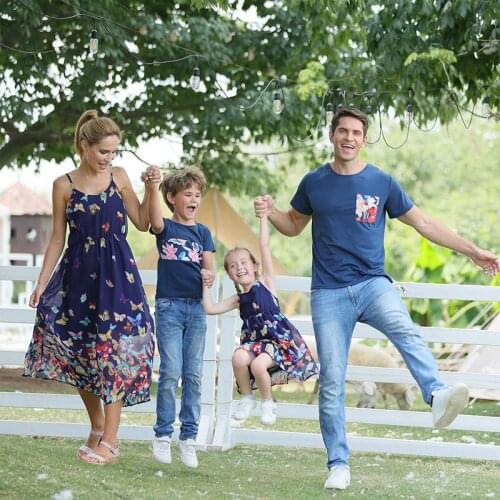 Summer Family Matching Floral Pattern T-shirt Dad and Son Red Dress Mom and Girl