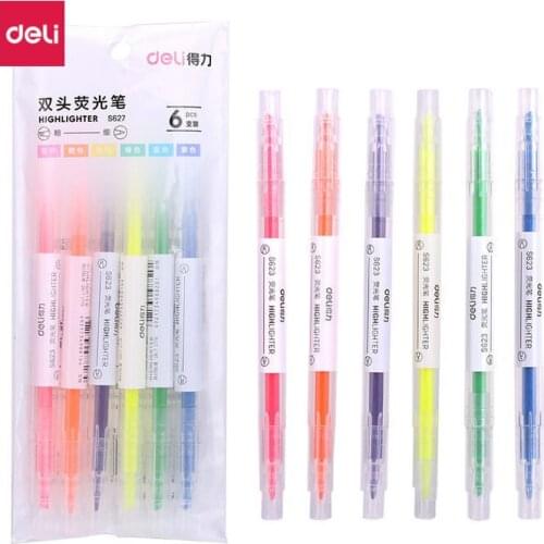 5 sets Deli classic 6 colors twin tips highlighter marker pens for office & school kids sign scribble pen set kawaii stationery