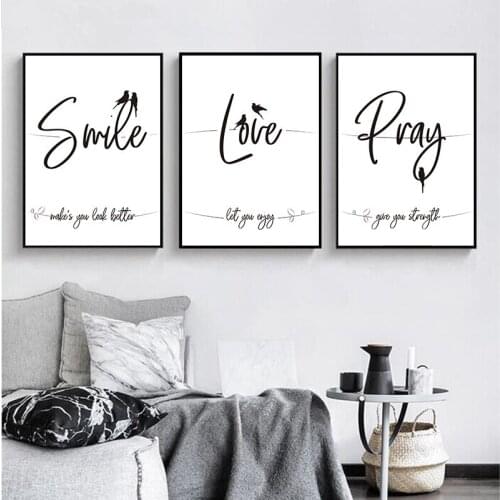 Minimalist Black White Bird Wall Art Canvas Painting Print Pray Love Smile Quotes Poster Picture For Living Room Home Decor TB78