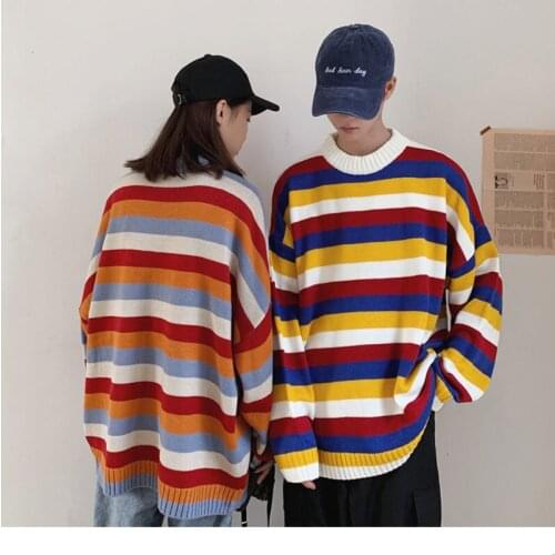 Couple Male Casual Tops Autumn Winter Mens Knitted Sweaters 2021 Korean Colorful Striped Man Oversized Pullovers