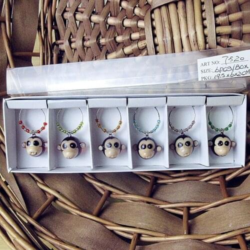 Custom wholesale hand blown glass monkey cartoon figurine rings pendant Christmas birthday party wine glass charms Marker sets