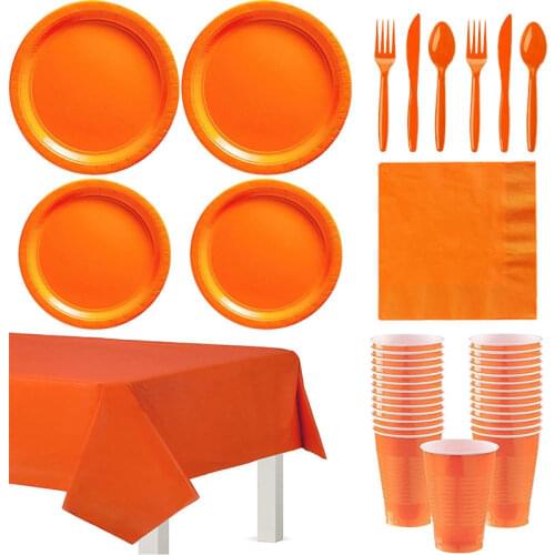 Orange Solid Color Party Set Disposable Plastic Plate Cup Tablecloth Birthday Party Wedding Decoration 10 People Adult Supplies