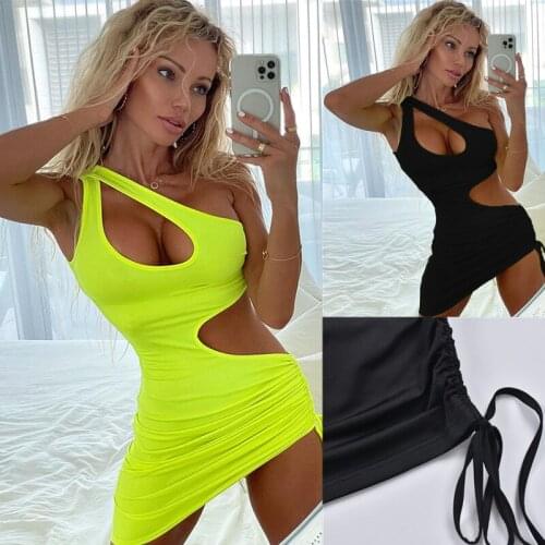 SKMY Dresses For Women Summer Sleeveless One-Shoulder New Product Pleated neon green Dress Black Slim Hollow out Sexy Party Club