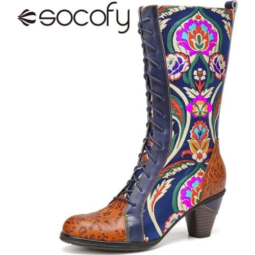 SOCOFY Women Boots Floral Embroidery Splicing Warm Flannel Lined Mid-calf Boots Shoes Casual Outdoor Shoes Botas Mujer