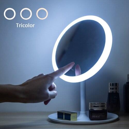 LED Tricolour Light Makeup Mirror Storage Cosmetics Tray Adjustable Touch Dimmer Portable and Detachable USB Beauty Mirror