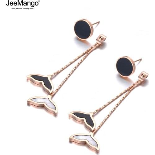 JeeMango Titanium Steel Bohemia Tassel Earrings Jewelry Rose Gold White/Black Shell Fish Tail Dangle Earrings For Women JE19137