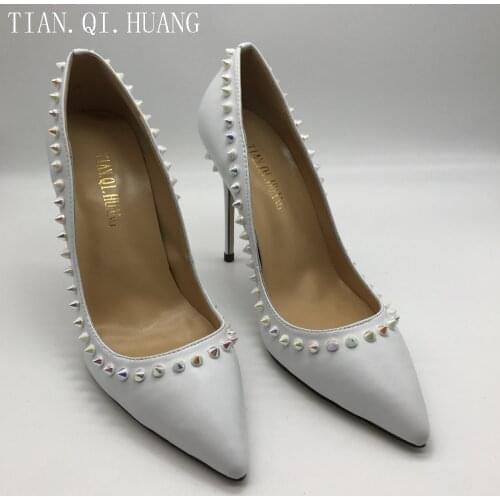 2017 Hot Sales Women White Genuine Leather Rivets Shoes Fashion Sexy Pumps High Heels Shoes