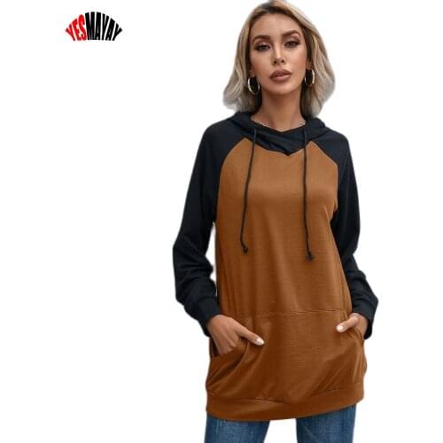 Womens Hooded Sweatshirt 2021 Autumn Fashion Patchwork Long Hoodies Female Casual Loose Long Sleeve Tops Pullover With Pockets