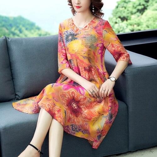 Plus Size Spring Summer Women Fashion O-Neck Imitate Real Silk Print Dress Elegant Women Loose Half-Sleeve A-line Dresses
