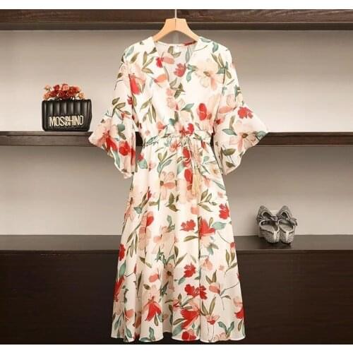 Plus Size 4XL 5XL Summer Big Casual Floral Dress Women Loose Long Print Dresses V Neck Lotus Sleeve Boho Chiffon Pullover