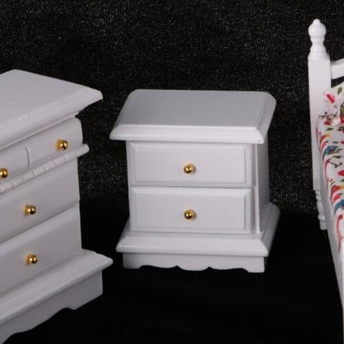 1/12 Dollhouse Mini Bedroom Furniture White Wooden Double Bed Dresser Mirror