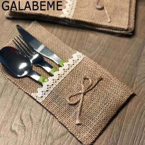 Galabeme 1piece 21x11CM Hessian Burlap Lace Wedding Tableware Pouch Cutlery Holder Rustic Wedding Vintage Wedding Decoration