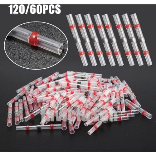 120/60PCS Heat Shrinkable Wire Connectors Waterproof Sleeve AWG22-18 Butt Electrical Splice Tinned Solder Seal Terminals