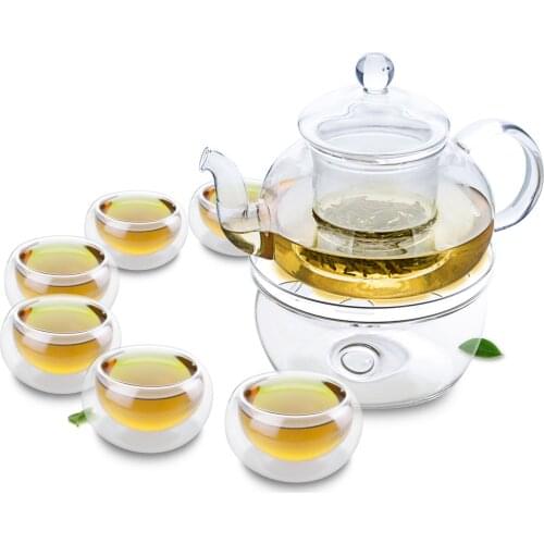 1x Teaset F-1*680ml Heat-Resisting Glass Teapot W/Artistic Lid+6 x Cups+1*Warmer A