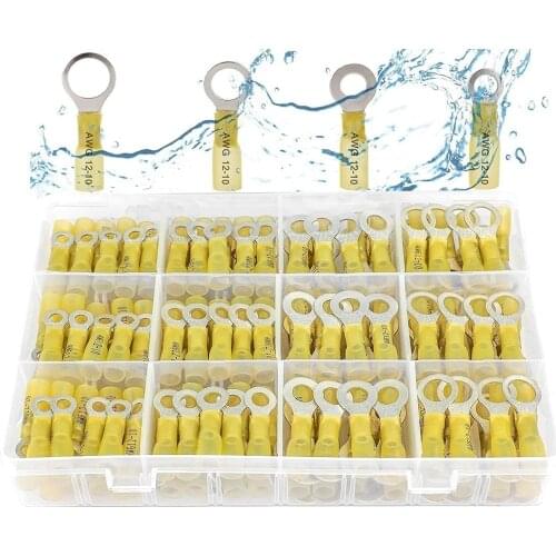 200pc AWG10-12 Insulated Heat Shrink Ring Terminals Waterproof Electrical Crimp Wire Connectors Assortment Cable Wiring Terminal