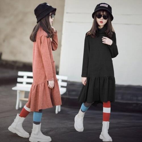 2021 New Autumn and Winter Teenage Girls Dress Turtleneck Casual Long Sleeve Warm Children Clothes Kid Midi Elegant Dress, #9266