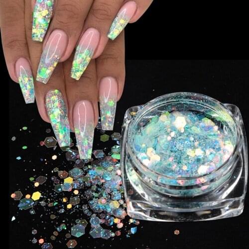 15PCS Sparkly Hexagon 3D Sequins Colorful Nail Art Glitter Nail Mermaid Glitter Flakes Polish Nail Accessories Supplier