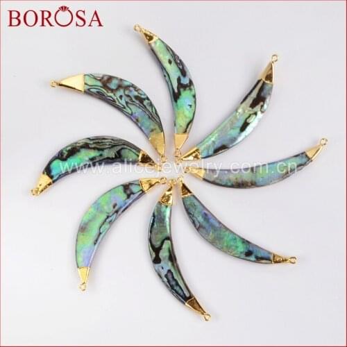 BOROSA 5PCS Gold Color Curved Surface Crescent Natural Abalone Shell Connector Double Charms Horn Bead for Necklace G690