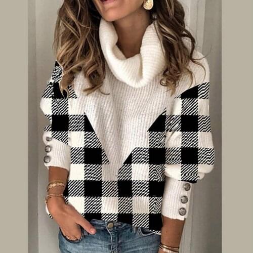 Women Fashoin Print Patchwork Long Sleeves Turtleneck Sweater Knitting Top Black White Paid Female Sexy Sweater Tops 2021