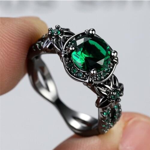 Green Round Zircon Cute Star Flower Ring Vintage Fashion Black Gold Rings For Women Luxury Crystal Stone Ring Mothers Day Gifts