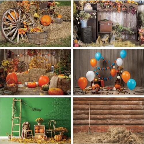 Laeacco Old Wooden Wheel Warehouse Rural Haystack Pumpkin Maples Baby Newborn Party Portrait Photo Background Photo Backdrops