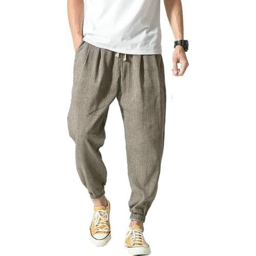 Streetwear Mens Cotton Beach Pants Male Summer Casual Calf-Length Pants Man Plaid Hip Hop Baggy Loose Trousers